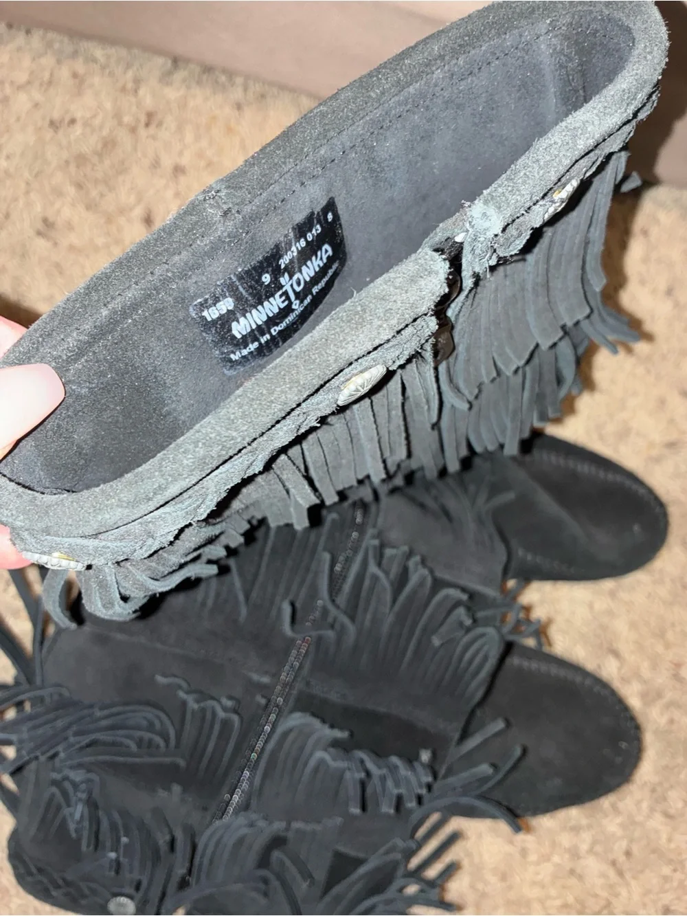 Minnetonka Black Suede Over-the-Knee Fringe moccasins